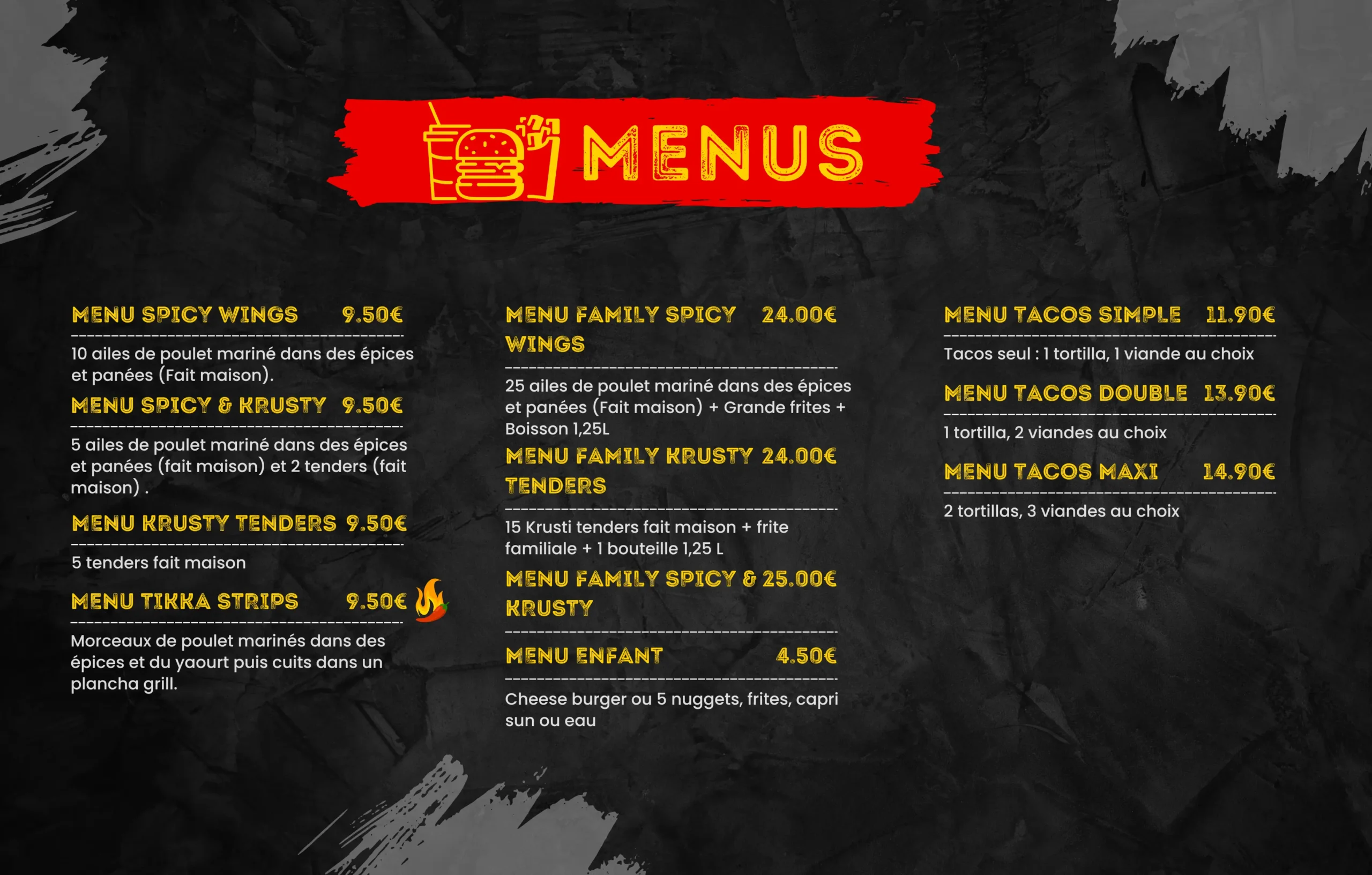 sélection de burgers, tenders, wings, wraps et menus gourmands.