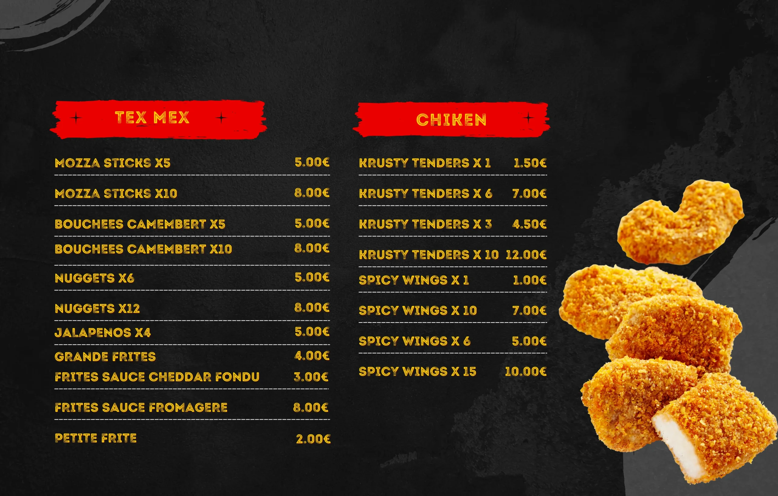 sélection de burgers, tenders, wings, wraps et menus gourmands.