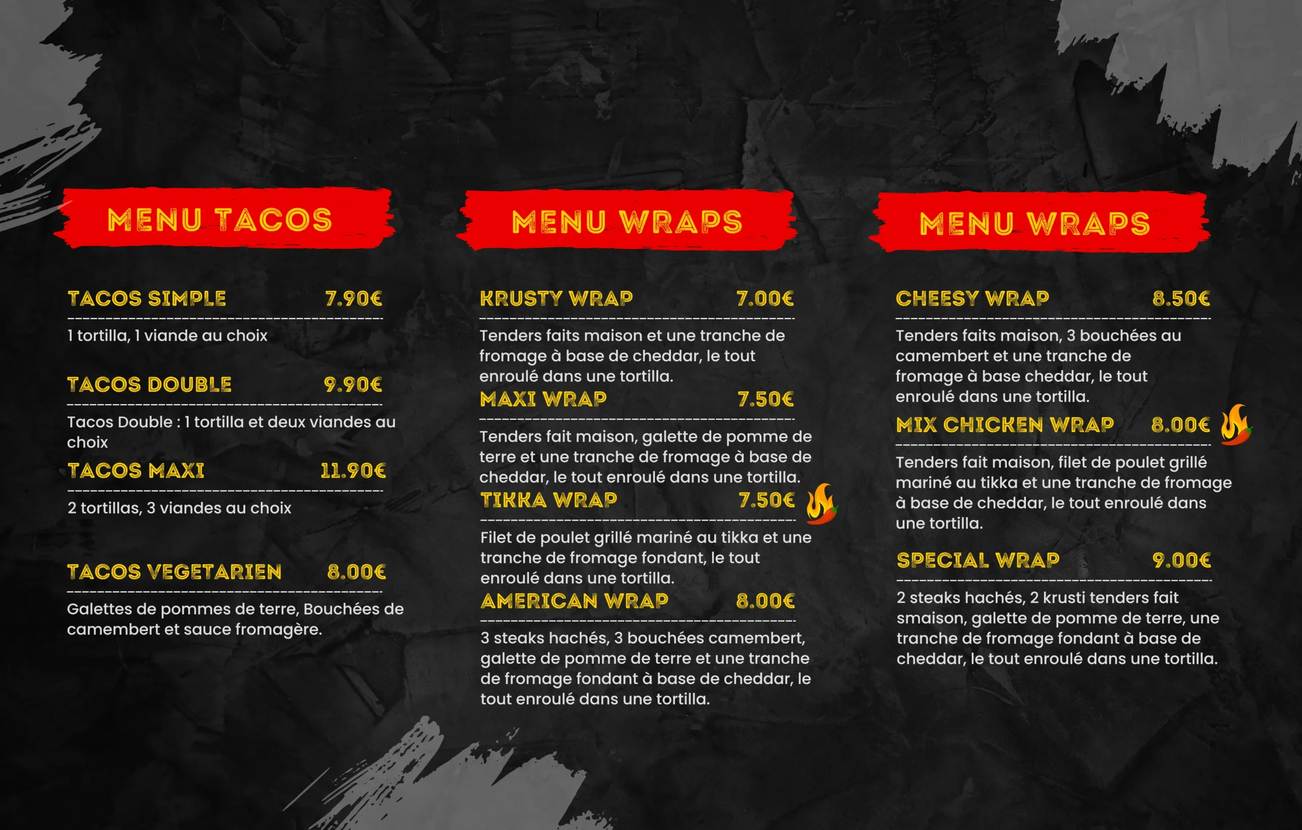 sélection de burgers, tenders, wings, wraps et menus gourmands.